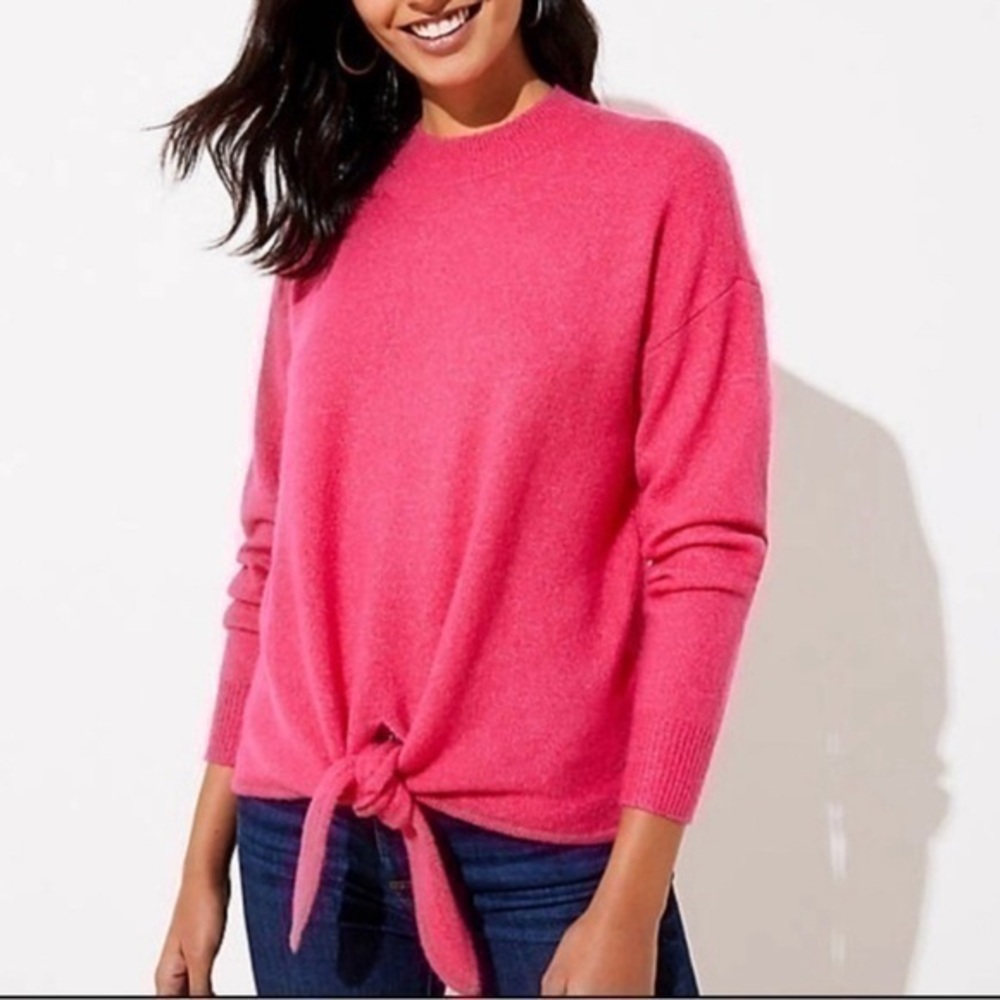 Loft Tie Front Wool Blend Soft/Stretch Sweater Women Size Medium Hot Pink